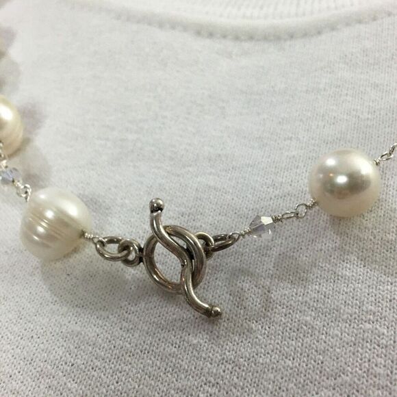 Baroque Pearl Necklace White Pearls AB Glass Beads Silver Tone Rosary Link 23in - Picture 8 of 10